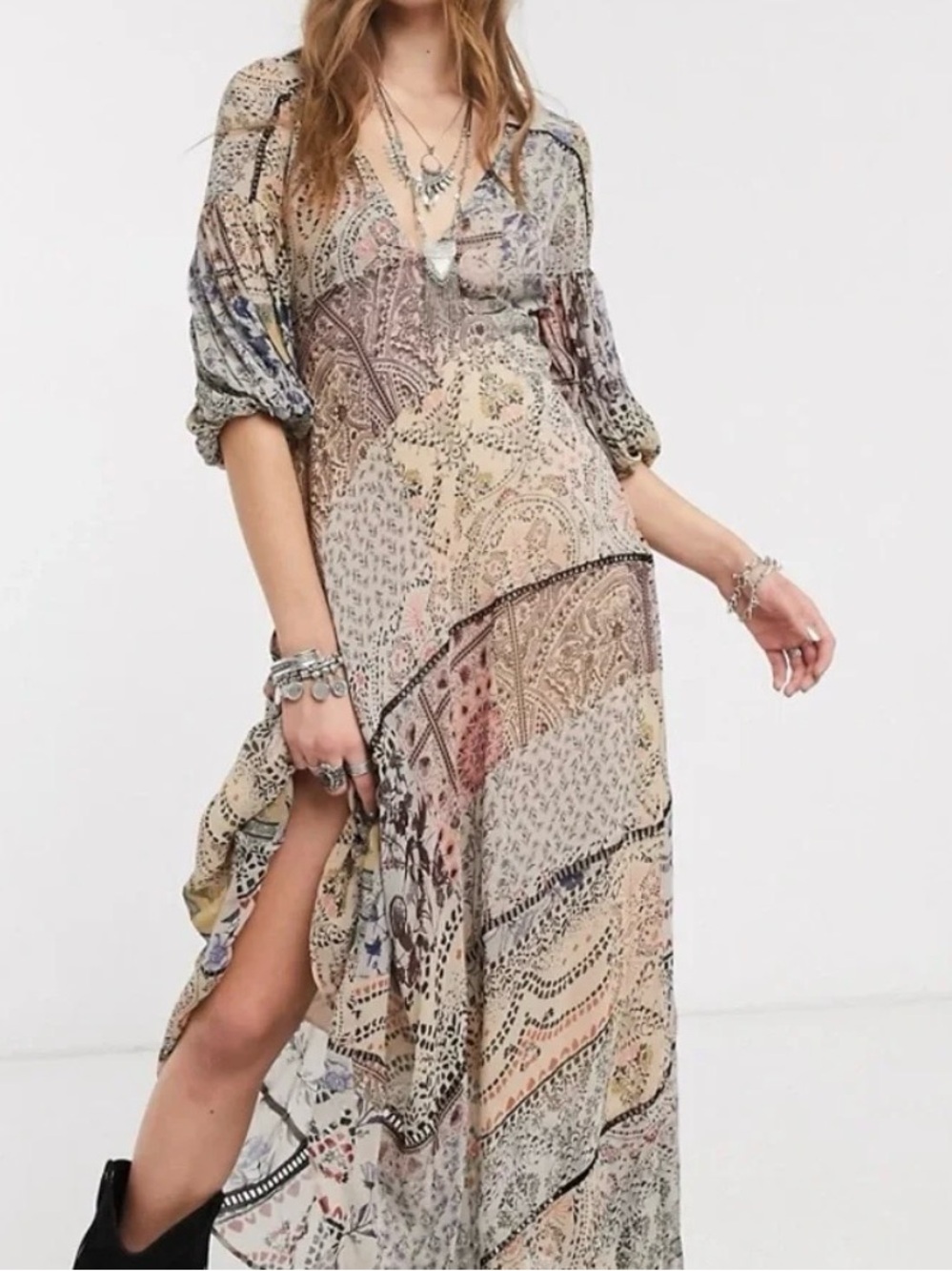 FREE PEOPLE “Moroccan Dreams” Boho Maxi Dress ~ SZ 8 ~ beige/blue/multi ~ NWT! - Picture 6 of 17